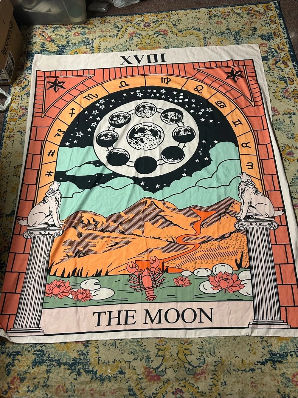 The Moon Tarot Wall Tapestry - Orange, Green, Black‎